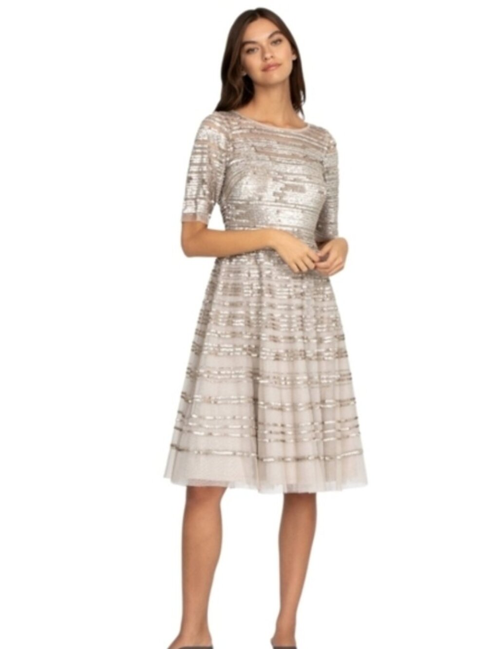 NWT Johnny Was Size 6 Champagne Beaded Mesh Midi Dress
